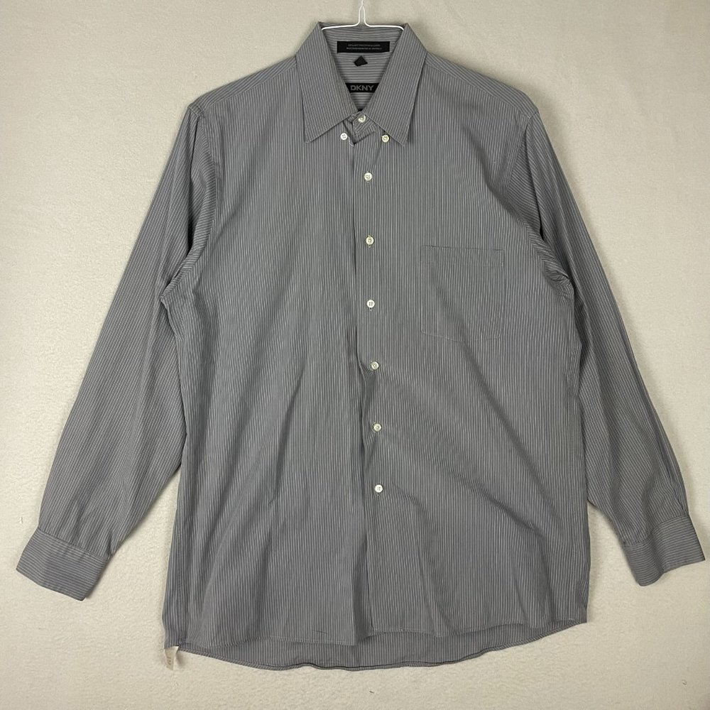 DKNY Men's Gray Stripe Long Sleeve Button Down Casual Dress Shirt Size 16 34/35